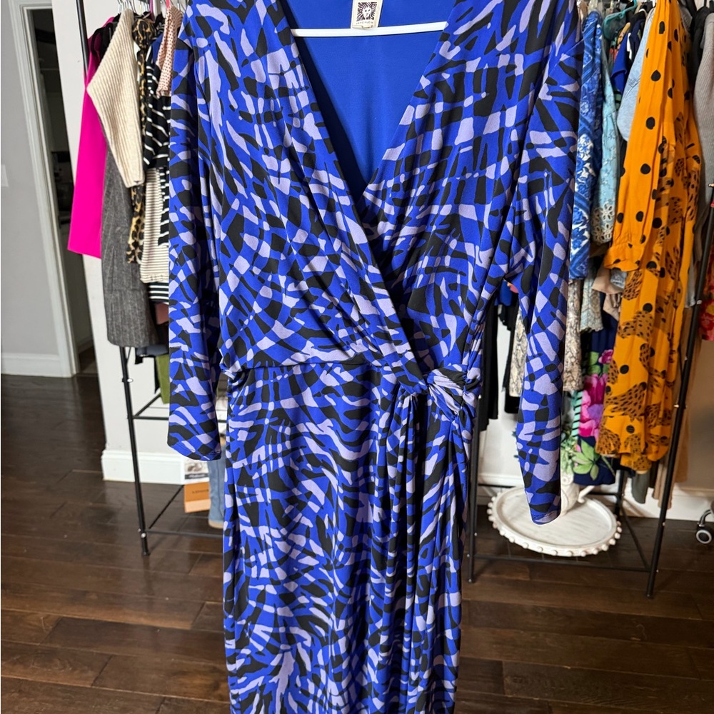 Anne Klein Blue and Black Abstract Wrap Dress